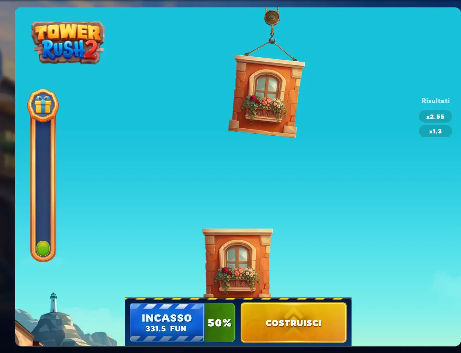 Demo di Tower Rush 2: torre oltre x3 con il pulsante 50% comparso accanto a INCASSO