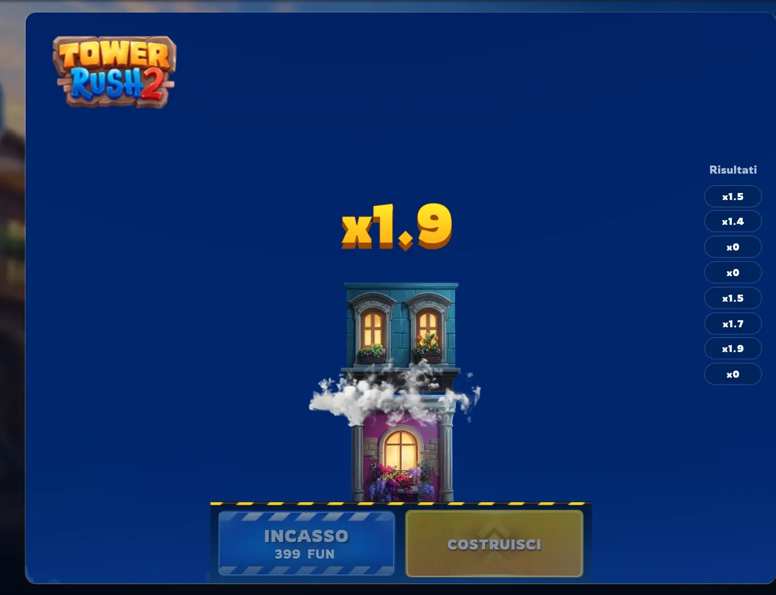 Bonus Round di Tower Rush 2 in corso, sfondo notturno, quota del piano al centro e colonna Risultati con i piani già calati