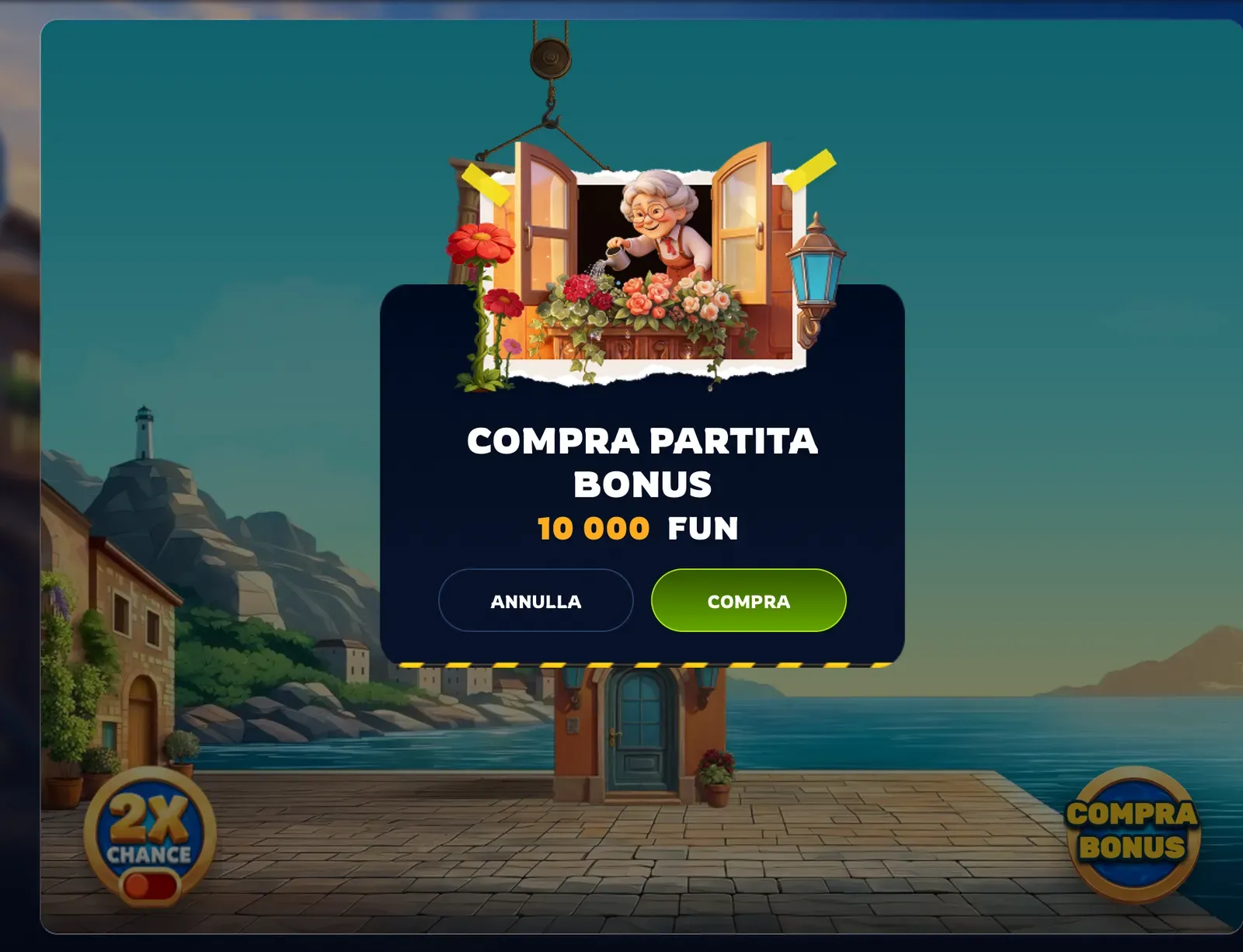 Finestra COMPRA PARTITA BONUS della demo di Tower Rush 2: 10 000 FUN con la puntata da 100, pulsanti ANNULLA e COMPRA