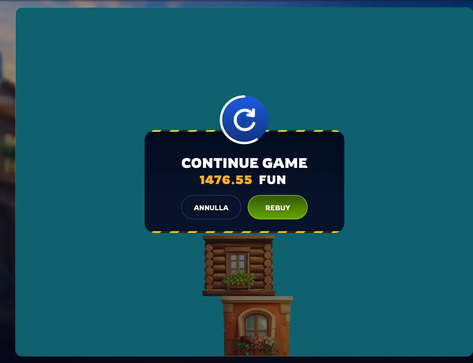Finestra CONTINUE GAME del Re-Buy in Tower Rush 2: 1476.55 FUN da pagare, pulsanti ANNULLA e REBUY