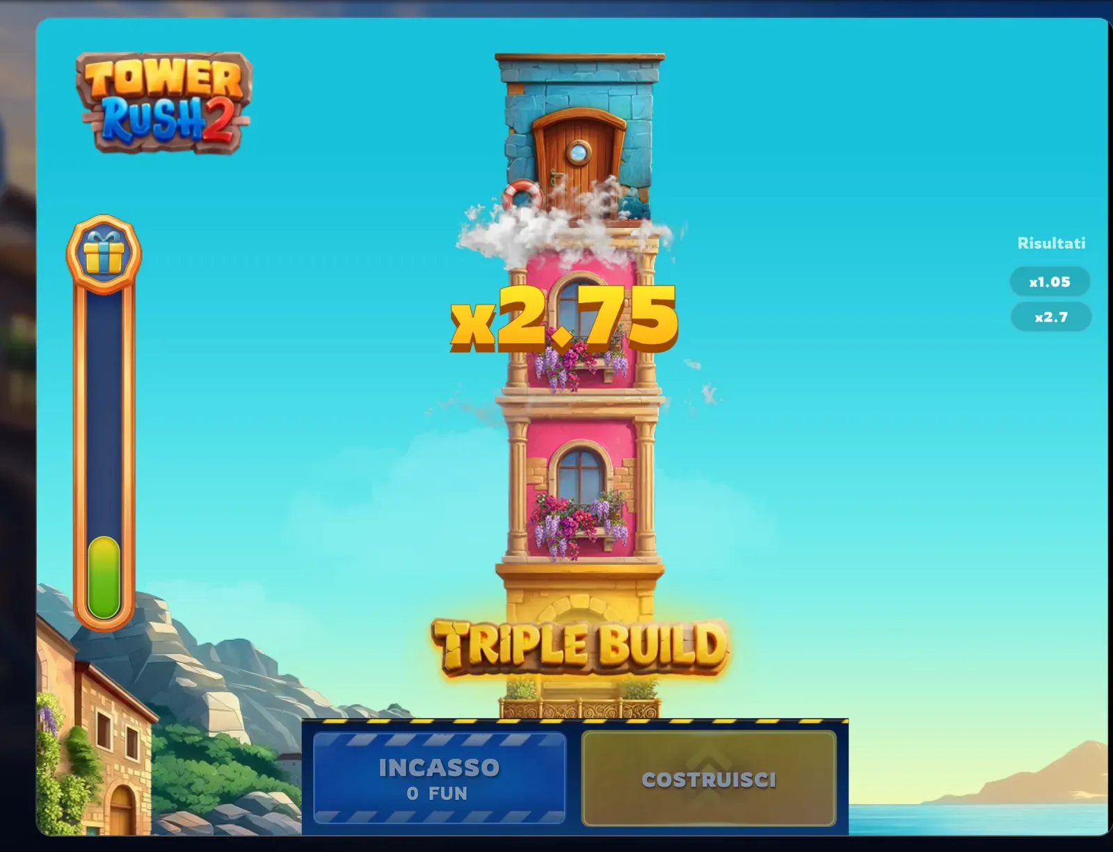 Triple Build in Tower Rush 2: tre piani bonus calati in una sola pressione con le loro quote nella colonna Risultati