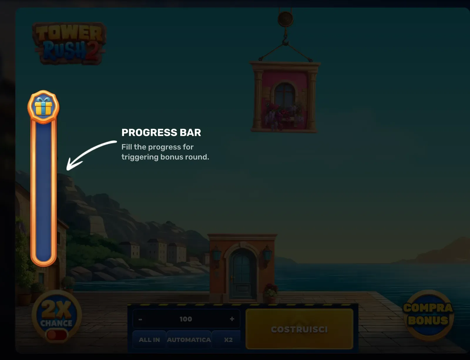 Tutorial di Tower Rush 2 che indica la Progress Bar sul bordo sinistro: «Fill the progress for triggering bonus round»